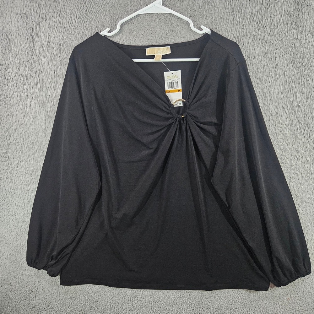 Michael Kors Womens 3X Black Ring V-Neck Long Sleeve Blouse NEW NWT